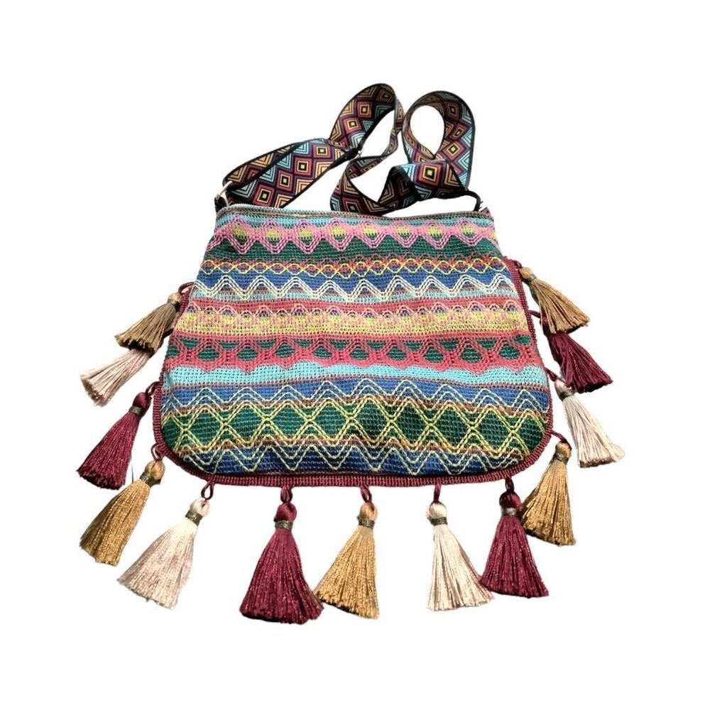 Bohemian Crossbody Bag With Tassels, (Multicolor Green, Light Blue & Yellow)